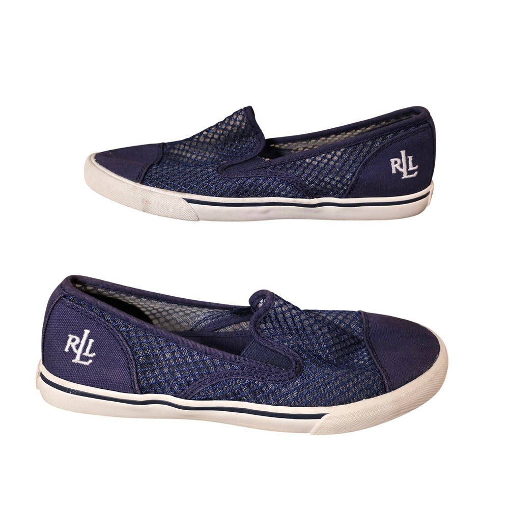 Lauren Ralph Lauren Womens Navy Blue Mesh Canvas Slip On Sneakers Size 8